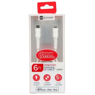 iHome Lightning to USB-C Charging Cable - White, 6'