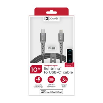 iHome Nylon Lightning to USB-C Charging Cable - Black, 10'