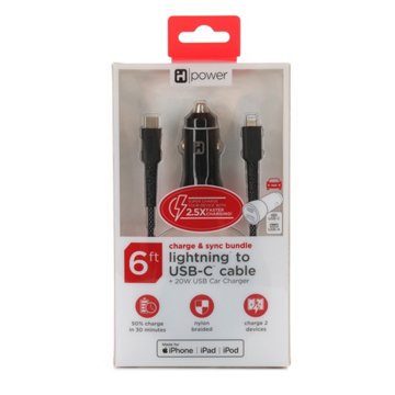 iHome Lightning to USB-C Cable with Car Charger - Black, 6'