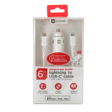 iHome Lightning to USB-C Cable with Car Charger - White, 6'