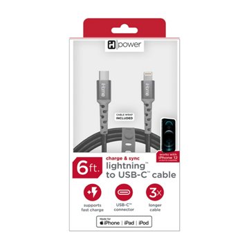 iHome Lightning to USB-C Charging Cable - Black, 6'