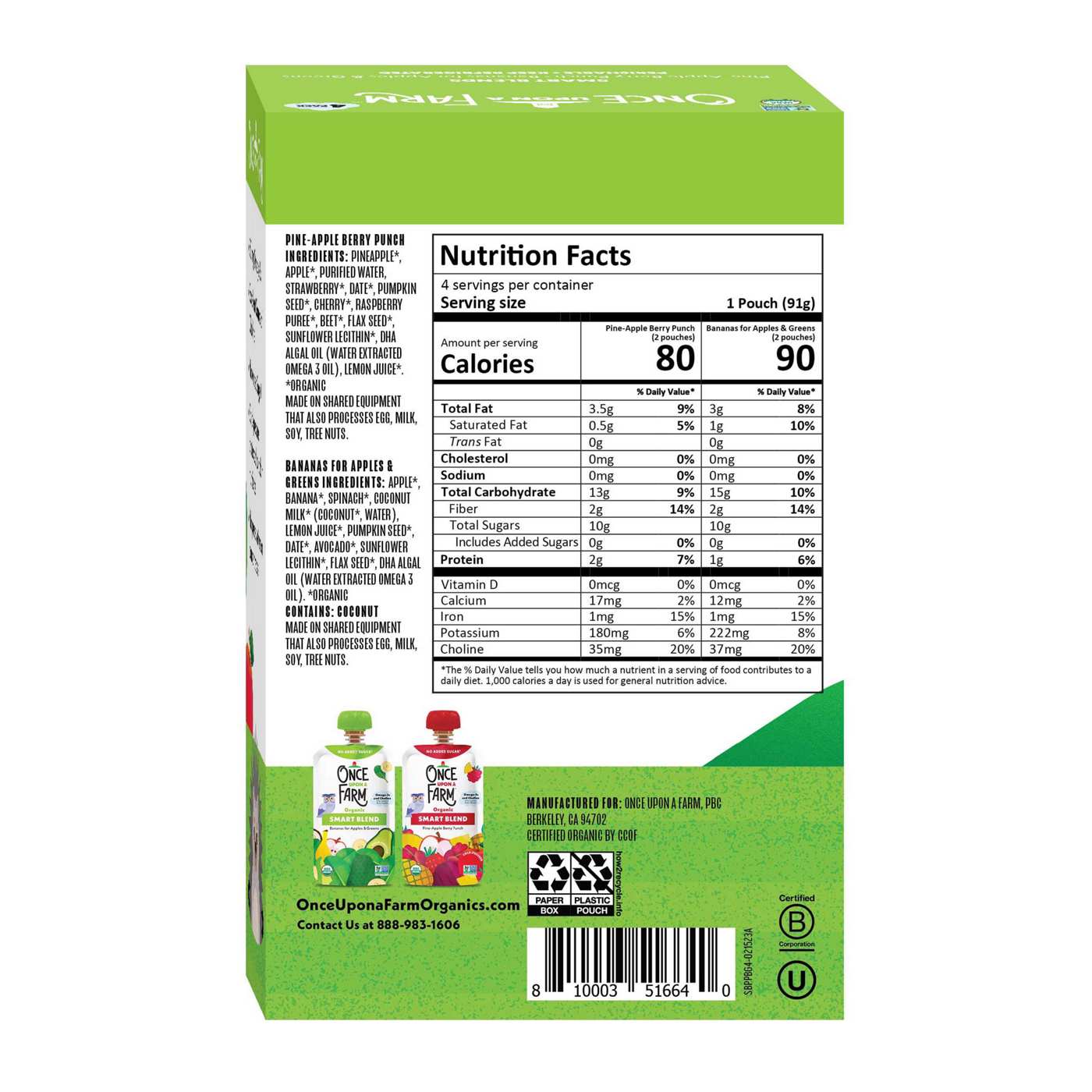 Once Upon a Farm Organic Smart Blend Pouches - Apple Greens & Pine-Apple; image 2 of 2