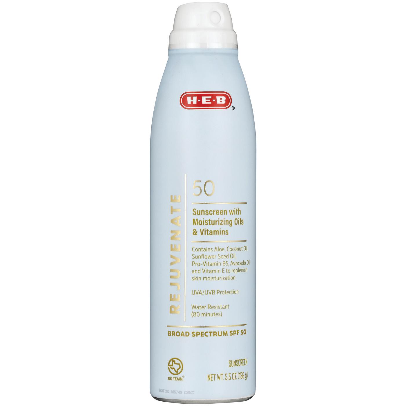 H-E-B Rejuvenate Oxybenzone Free Sunscreen Spray – SPF 50; image 1 of 2