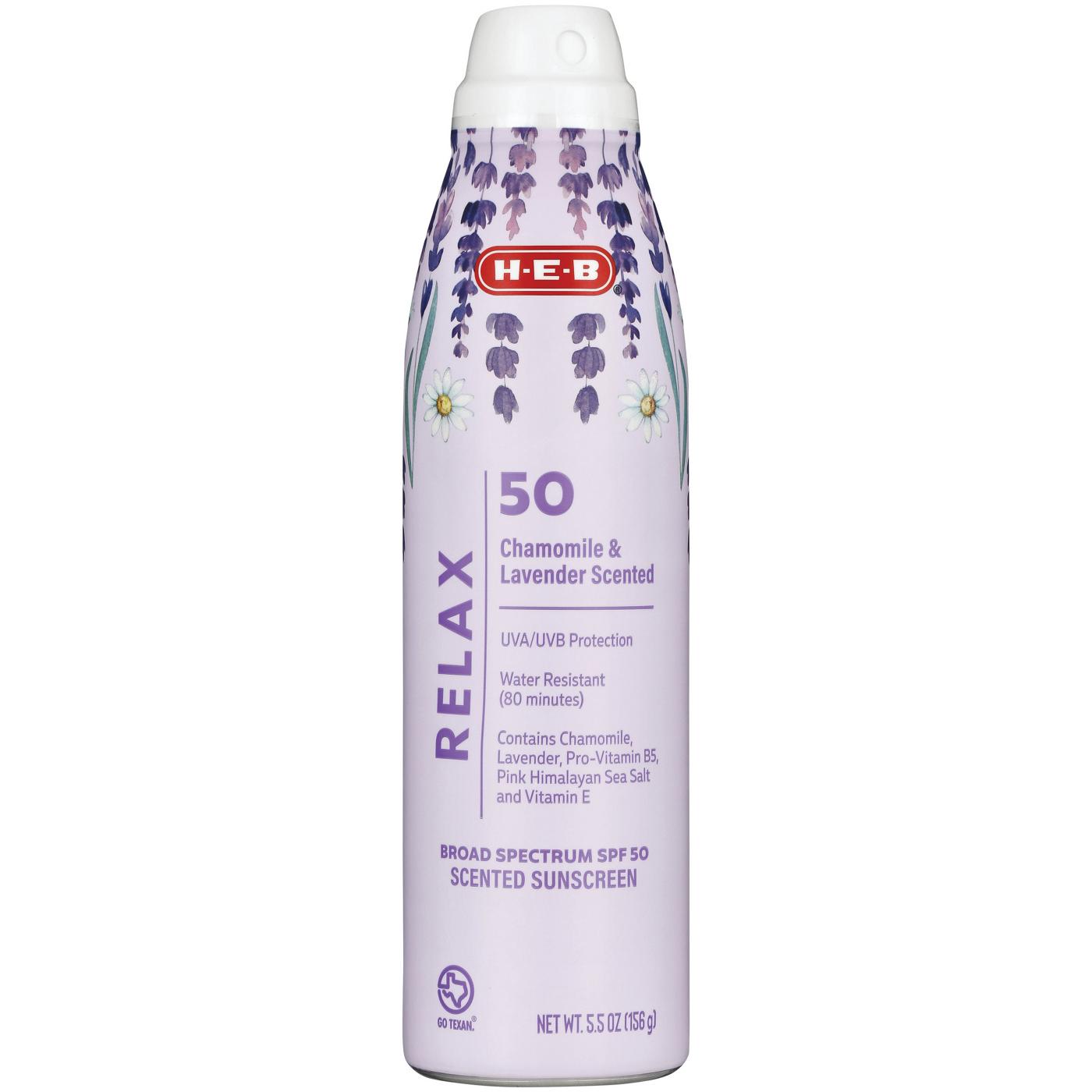 H-E-B Relax Chamomile & Lavender Scented Oxybenzone Free Sunscreen Spray – SPF 50; image 1 of 2