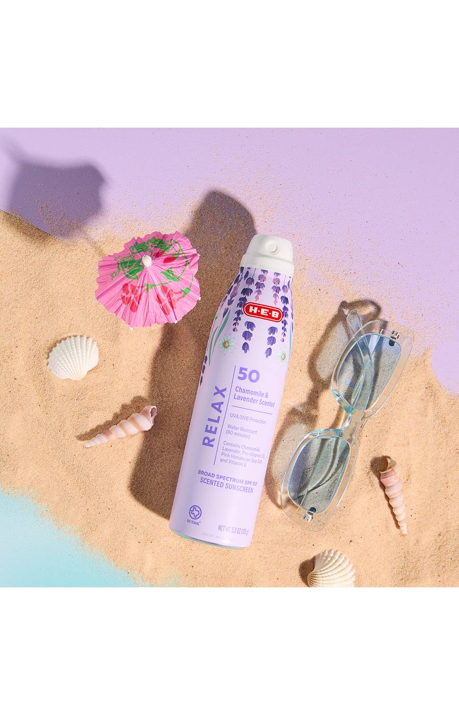 H-E-B Relax Chamomile & Lavender Scented Oxybenzone Free Sunscreen Spray – SPF 50; image 2 of 2