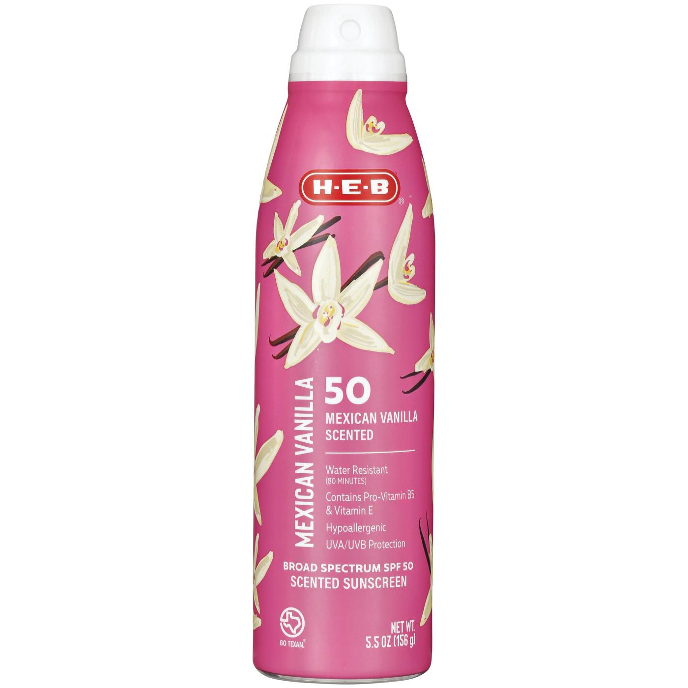 H-E-B Oxybenzone Free Mexican Vanilla Sunscreen Spray – SPF 50; image 1 of 2