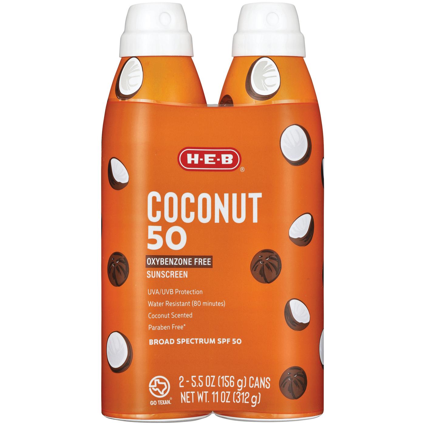 H-E-B Oxybenzone Free Coconut Sunscreen Spray – SPF 50; image 1 of 2