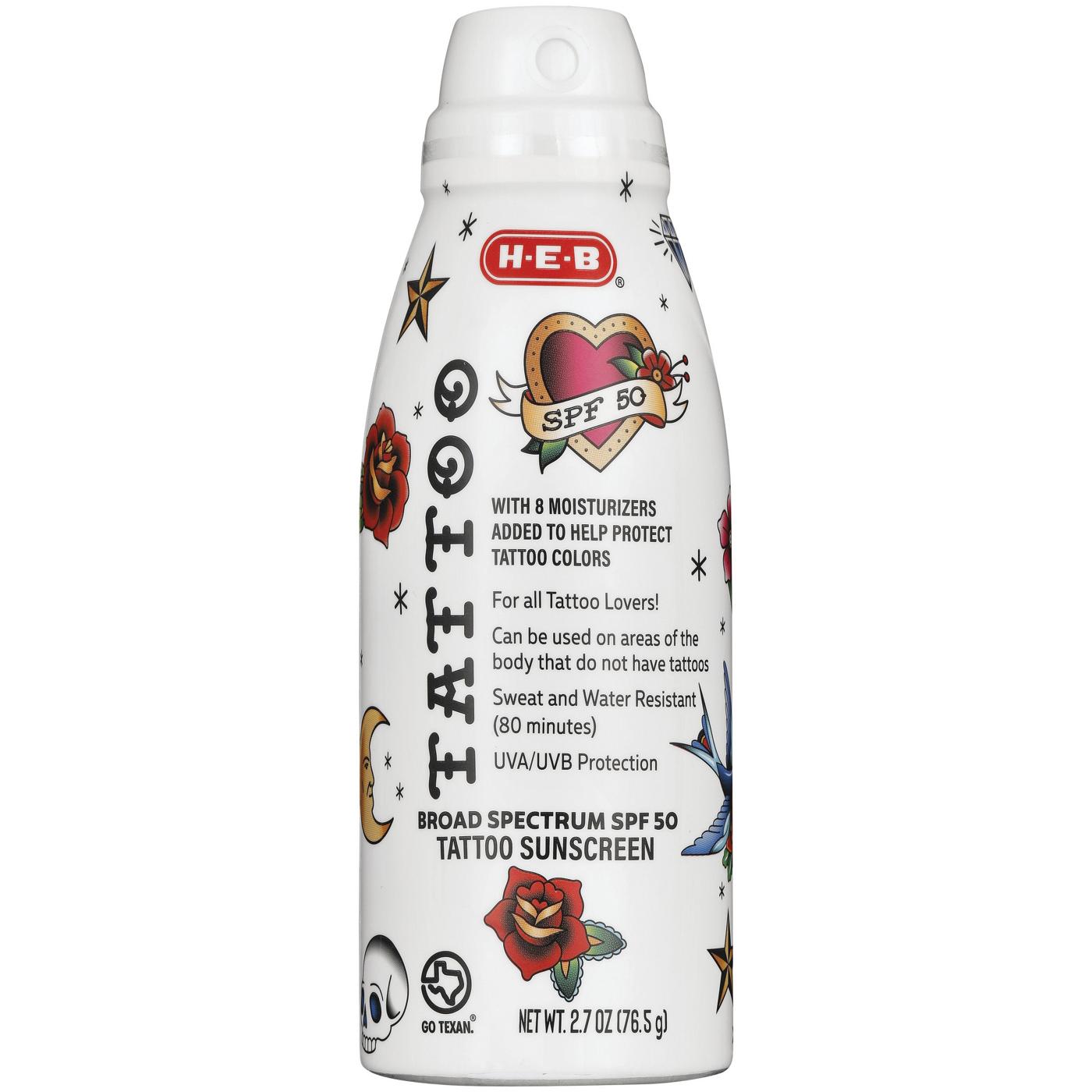 H-E-B Travel Size Oxybenzone Free Tattoo Protection Sunscreen Spray – SPF 50; image 1 of 3