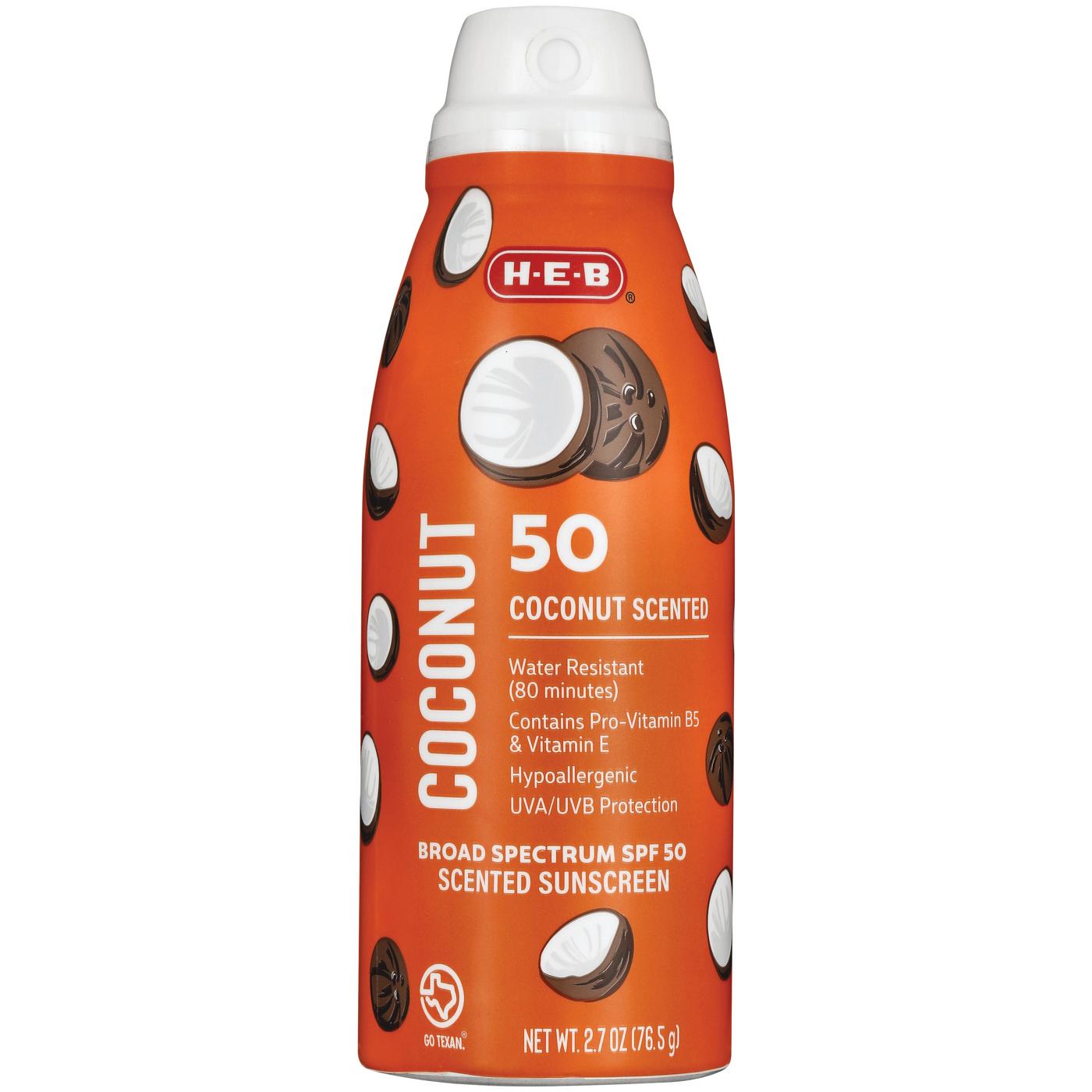 H-E-B Travel Size Oxybenzone Free Coconut Sunscreen Spray – SPF 50; image 1 of 3