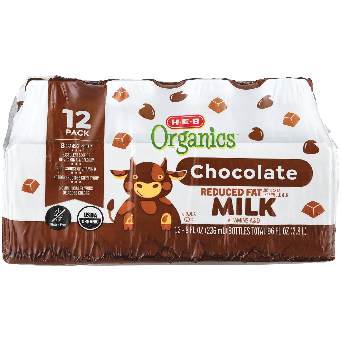 H-E-B Organics 2% Reduced Fat Chocolate Milk 12 pk Bottles; image 1 of 2