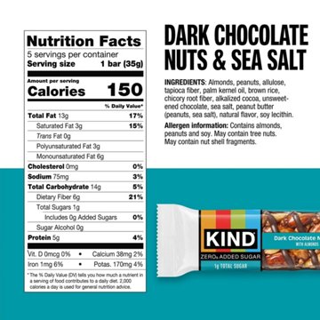 Kind Zero Added Sugar Bars - Dark Chocolate Nuts and Sea Salt
