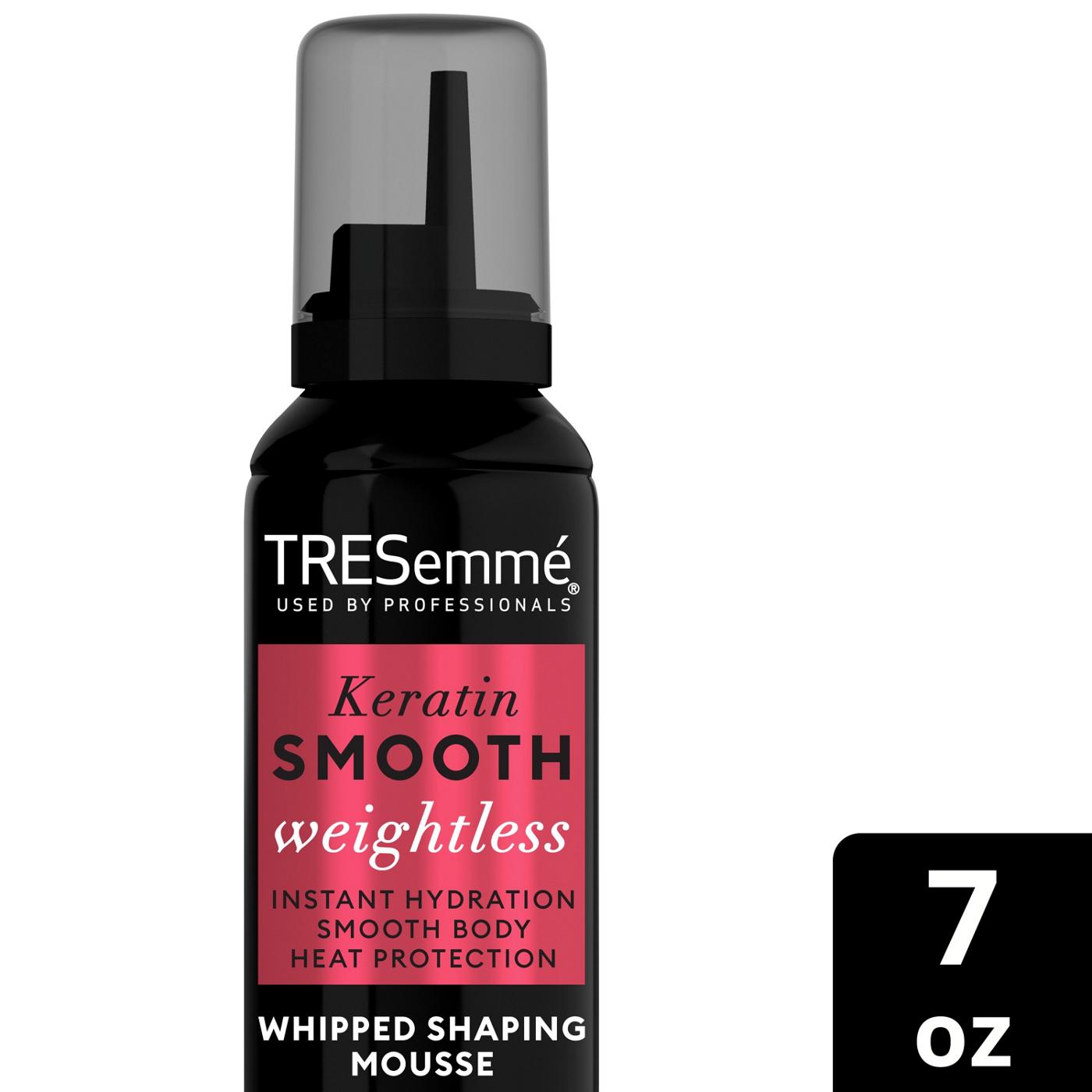 TRESemmé Get 3 days of weightlessly smooth hair with the TRESemmé Keratin Smooth Whipped Shaping Mousse. Say hey to all-day lift, smooth body, and high shine for all your sleekest, most voluminous styles. This salon-quality whipped shaping mousse provides you with lasting hold, instant hydration, and major volume so you can reach all of your hair goals. Give your hair an immediate boost of moisture and frizz-defeating smoothness without ever feeling greasy or heavy. You'll love the way your hair looks and feels! Perfect your Smooth Blowout in 3 easy steps. Prep strands with Keratin Smooth Shampoo and Conditioner, then style with Keratin Smooth Mousse. Start by shaking the can and dispensing 2 to 3 dollops of mousse into the palms of your hands. Spread the mousse evenly into damp hair, from roots to tips, before blow drying and styling your hair. Finish your smooth, sleek look with our Keratin Smooth Anti-Frizz Finishing Spray. Since 1948, TRESemmé has been dedicated to providing professional-quality results to empower YOU to express your style. Our unique formulas are PETA-approved and made with carefully selected ingredients, and TRESemmé never tests on animals. We're always made with intention and inspired by the latest trends and style.; image 4 of 4