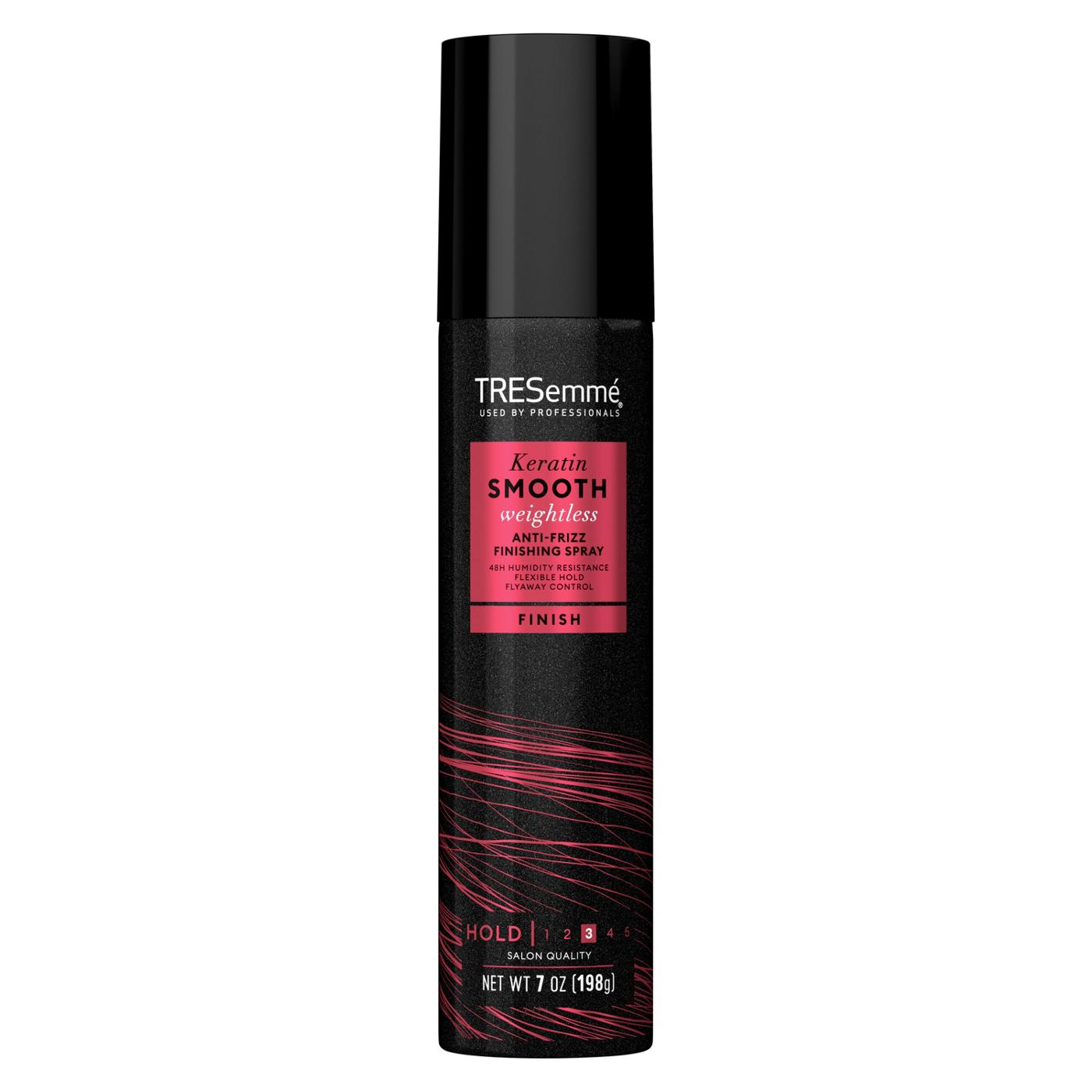 TRESemmé Want smooth, perfectly styled hair, minus the frizz? Lock in your smoothest looks and show humidity who's really in charge with TRESemmé Keratin Smooth Anti-Frizz Hairspray, from our Keratin Smooth Weightless collection. This anti-frizz hairspray gives you 3 days of weightlessly smooth hair, so your style can keep up with you. Our formula gives you the flexible hold that keeps your style in place without the stiffness, stickiness or crunch! It's also lightweight, oil-free, paraben-free, and totally safe for colored hair, so you can use it with complete peace of mind. Perfect your Smooth Blowout in 3 easy steps. Prep strands with Keratin Smooth Shampoo and Conditioner, style with Keratin Smooth Mousse, and finish your look with our Keratin Smooth Anti-Frizz Finishing Spray. Fight frizz and control flyaways by holding the can 10-to-12 inches from your hair and spraying away. Start your day with confidence, knowing that your hair will look gorgeous all day long! Since 1948, TRESemmé has been dedicated to providing professional-quality results to empower YOU to express your style. Our unique formulas are PETA-approved and made with carefully selected ingredients, and TRESemmé never tests on animals. We're always made with intention and inspired by the latest trends and style.; image 1 of 4