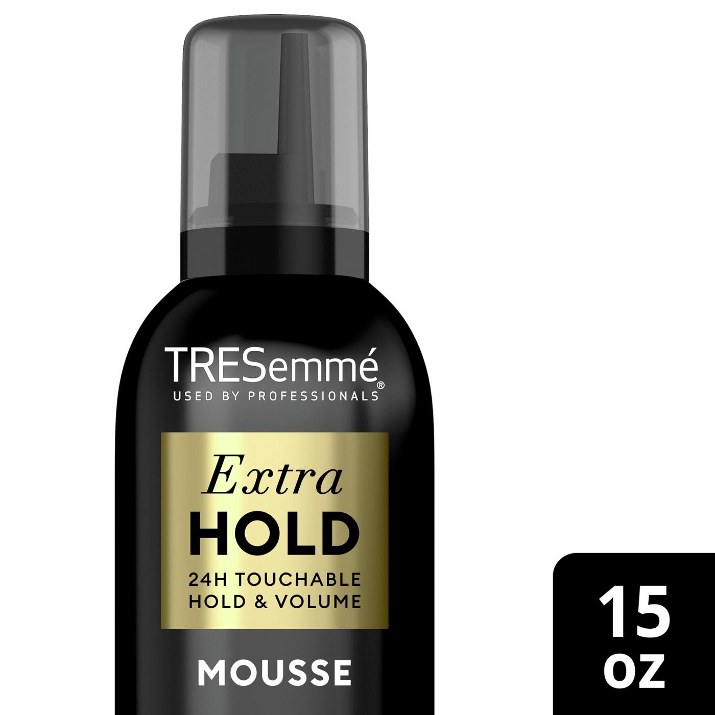 TRESemmé TRESemmé Extra Hold Volumizing Mousse is a professional-quality clean-feel mousse that volumizes and holds style. This hair mousse is powered by Pro Lock Tech™ for 24H frizz control and style memory. Our styling mousse contains holding polymers to expertly iron out stray hairs for controlled flexible styles, not flat and always beautifully full. Step 1: Start by prepping your hair with your favorite TRESemmé shampoo and conditioner. Step 2: Towel-dry hair, shake the can and dispense 2-3 egg-sized dollops of TRESemmé Extra Hold Mousse. Step 3: Apply the Extra Hold hair mousse to hair directly with a brush or with your hands, then brush from roots to ends to cover thoroughly. Step 4: Blow dry your hair and finish with TRESemmé Hair Spray. TRESemmé is an industry leader in providing you with salon-ready hair quality products. Our unique formulas in this frizz-control mousse are the results of years of scientific research. Every ingredient is carefully selected to ensure your hair receives the best possible care. Our TRESemmé policy also prohibits animal testing for our hair products and the ingredients used in them anywhere in the world.; image 4 of 4