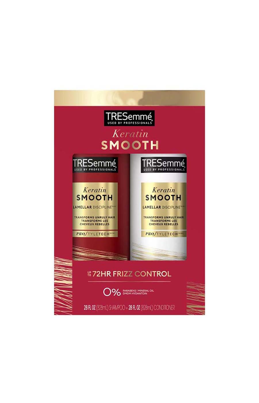 TRESemm√© Don’t let unruly frizz ruin your style. There’s something about silky hair that’s full of natural movement that lets you take on the day with confidence. You can now get that style without having to go to a salon with TRESemmé Keratin Smooth Shampoo and Conditioner system. This smoothing shampoo and conditioner system for frizzy hair is designed with Lamellar-Discipline™ technology for smooth, sleek, frizz-defying hair for up to 72 hours. Formulated with amino acids and ceramide, this salon-level Pro Style Technology™ makes hair 2x stronger, 2x more manageable, and resistant from breakage (vs. a non- conditioning shampoo). Make your hair the perfect style canvas with this keratin smoothing hair shampoo and conditioner. Our Keratin Smooth Hair Shampoo and Conditioner detangle knots and add softness to make it easy to achieve covetable, confident hair, no matter your hair type or hair need. The end result? Gorgeously silky hair that lasts and lasts. How to use: Step 1: Apply the TRESemmé Keratin Smooth Shampoo to wet hair, gently massage the scalp and roots with fingertips to work into a lather, and rinse. Step 2: Lightly squeeze the TRESemmé Keratin Smooth Conditioner from roots to ends and rinse thoroughly. This TRESemmé system is free from Parabens, Mineral Oil, and DMDM Hydantoin. Get salon-quality results in every wash. We've always understood that style is more than a look, it's a powerful tool to help you achieve your dreams. With our professional quality care, a world of style possibilities is yours to achieve. Every choice we make at TRESemmé, from the values we promote—such as not testing on animals and being PETA-approved—to the carefully selected ingredients we use, are made to give you professional salon quality haircare products you can trust. Because 70 years on, we believe in the power of style. So tell your story, make your mark – and achieve your aspirations with confidence.; image 1 of 2