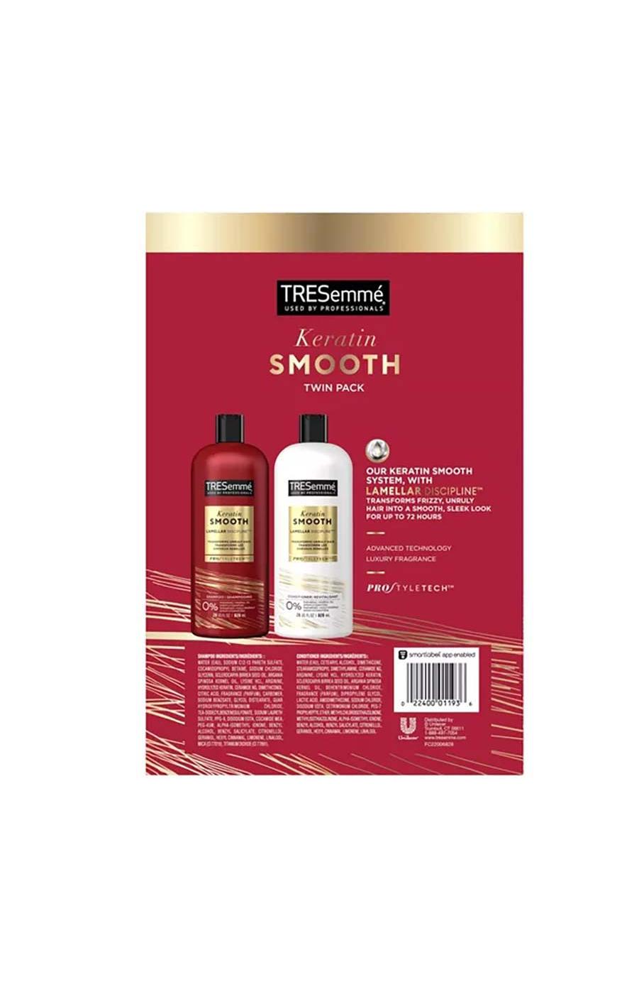 TRESemm√© Don’t let unruly frizz ruin your style. There’s something about silky hair that’s full of natural movement that lets you take on the day with confidence. You can now get that style without having to go to a salon with TRESemmé Keratin Smooth Shampoo and Conditioner system. This smoothing shampoo and conditioner system for frizzy hair is designed with Lamellar-Discipline™ technology for smooth, sleek, frizz-defying hair for up to 72 hours. Formulated with amino acids and ceramide, this salon-level Pro Style Technology™ makes hair 2x stronger, 2x more manageable, and resistant from breakage (vs. a non- conditioning shampoo). Make your hair the perfect style canvas with this keratin smoothing hair shampoo and conditioner. Our Keratin Smooth Hair Shampoo and Conditioner detangle knots and add softness to make it easy to achieve covetable, confident hair, no matter your hair type or hair need. The end result? Gorgeously silky hair that lasts and lasts. How to use: Step 1: Apply the TRESemmé Keratin Smooth Shampoo to wet hair, gently massage the scalp and roots with fingertips to work into a lather, and rinse. Step 2: Lightly squeeze the TRESemmé Keratin Smooth Conditioner from roots to ends and rinse thoroughly. This TRESemmé system is free from Parabens, Mineral Oil, and DMDM Hydantoin. Get salon-quality results in every wash. We've always understood that style is more than a look, it's a powerful tool to help you achieve your dreams. With our professional quality care, a world of style possibilities is yours to achieve. Every choice we make at TRESemmé, from the values we promote—such as not testing on animals and being PETA-approved—to the carefully selected ingredients we use, are made to give you professional salon quality haircare products you can trust. Because 70 years on, we believe in the power of style. So tell your story, make your mark – and achieve your aspirations with confidence.; image 2 of 2