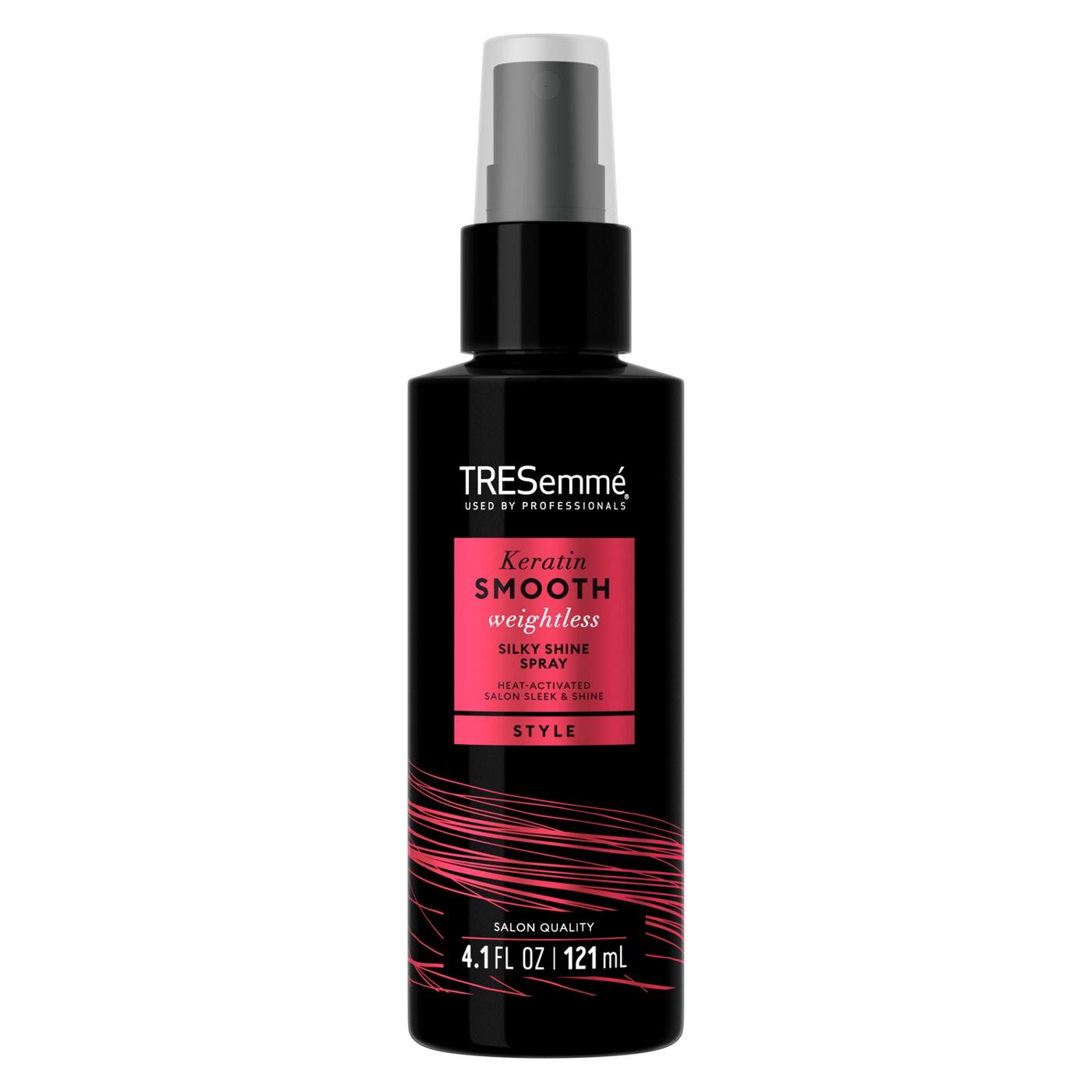 TRESemmé Bring on the heat and nail your shiniest styles with TRESemmé Silky Shine Spray from our Keratin Smooth Weightless collection. Our professional-quality spray gives your strands an instant mirror shine AND protects hair from heat damage so you can style away. Our formula is a lightweight, oil-free formula that will leave you with a sleek finish that never looks or feels greasy. Perfect your Sleek & Straight look in 3 easy steps. Prep strands with Keratin Smooth Shampoo and Conditioner, then style with Keratin Smooth Shine Spray to give your strands an instant mirror shine. Hold the bottle 4-to-6 inches away from your hair, spray one pump per large section of damp, towel-dried hair, and comb through. Style with heat, then finish with our Keratin Smooth Anti-Frizz Finishing Spray. Pro tip: When blow drying, for a smooth blowout, ensure the nozzle of the hair dryer is pointing downward, then flat iron for extra smoothness. Since 1948, TRESemmé has been dedicated to providing professional-quality results to empower YOU to express your style. Our unique formulas are PETA-approved and made with carefully selected ingredients, and TRESemmé never tests on animals. We're always made with intention and inspired by the latest trends and style.; image 1 of 5