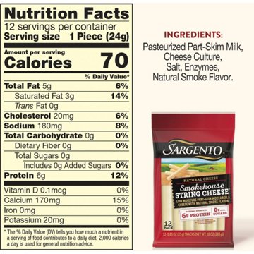 Sargento Smokehouse Low Moisture Part-Skim Mozzarella String Cheese, 12 ct
