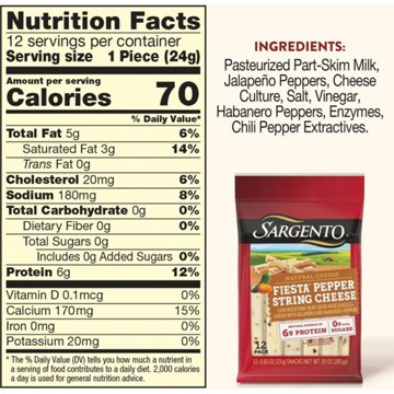 Sargento Fiesta Pepper Low Moisture Part-Skim Mozzarella String Cheese, 12 ct