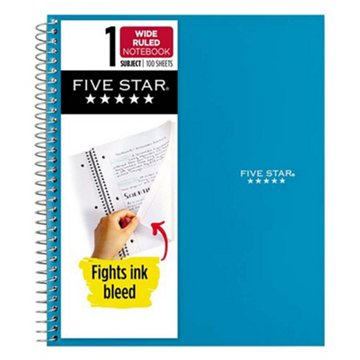 Five Star 1 Subject Wide Ruled Spiral Notebook - Tidewater Blue, 8" x 10.5"
