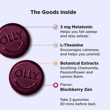OLLY Sleep Gummy Supplement, 3mg Melatonin, L-Theanine, Chamomile, Blackberry Zen Flavor, 10 Ct