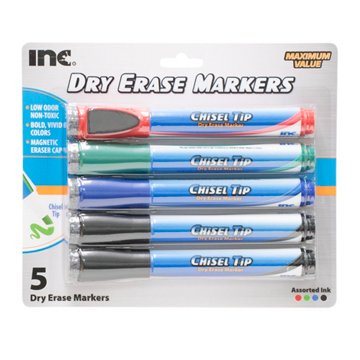 Inc Chisel Tip Magnetic Dry Erase Markers with Erasers - Assorted Ink, 5 pk