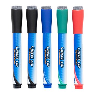 Inc Chisel Tip Magnetic Dry Erase Markers with Erasers - Assorted Ink, 5 pk
