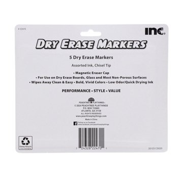 Inc Chisel Tip Magnetic Dry Erase Markers with Erasers - Assorted Ink, 5 pk