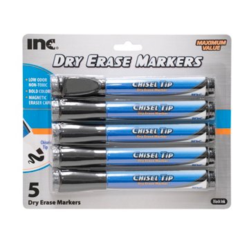 Inc Chisel Tip Magnetic Dry Erase Markers with Erasers - Black Ink, 5 pk