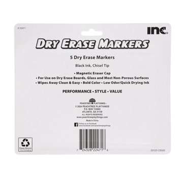 Inc Chisel Tip Magnetic Dry Erase Markers with Erasers - Black Ink, 5 pk