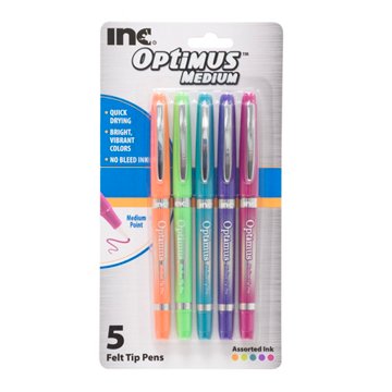 Inc Optimus Medium Felt Tip Pens - Assorted Ink, 5 pk