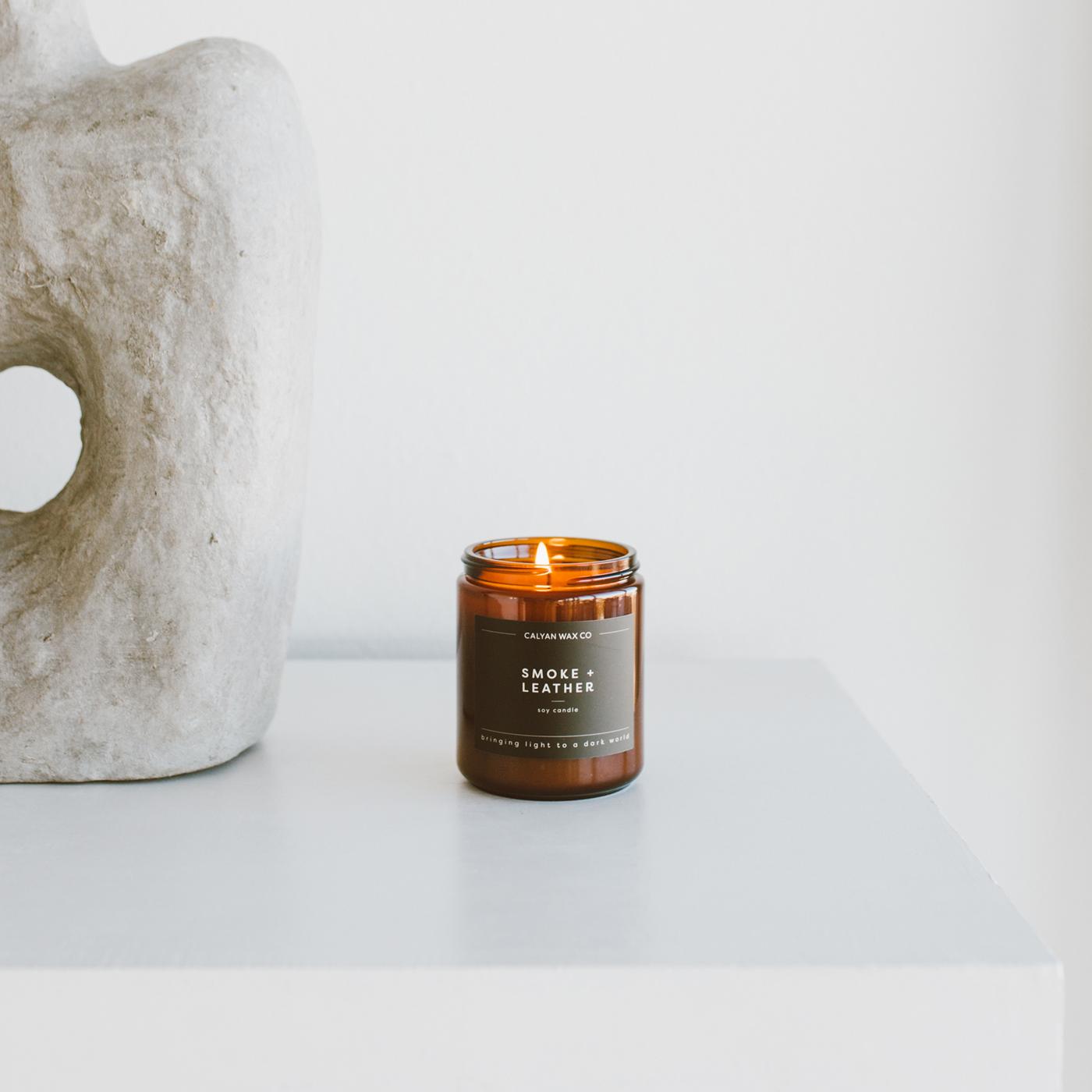 Calyan Wax Co. Smoke + Leather Scented Soy Candle; image 3 of 3