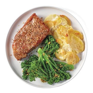 Meal Simple by H-E-B New York Strip Steak, Potatoes Au Gratin & Baby Broccoli, Avg. 1.5 lbs