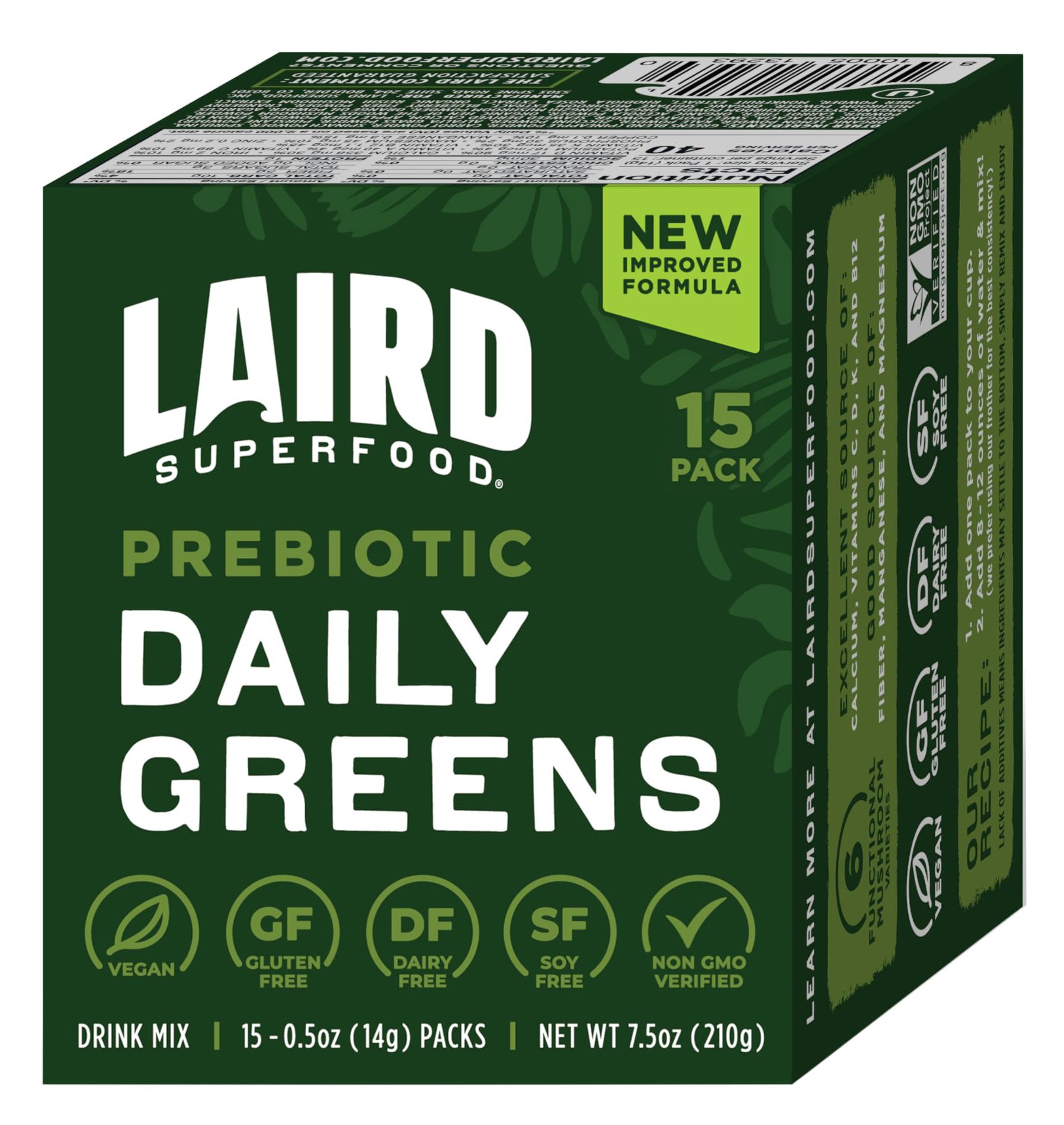 Laird Superfood Prebiotic Daily Greens Drink Mix Packets, 15 ct