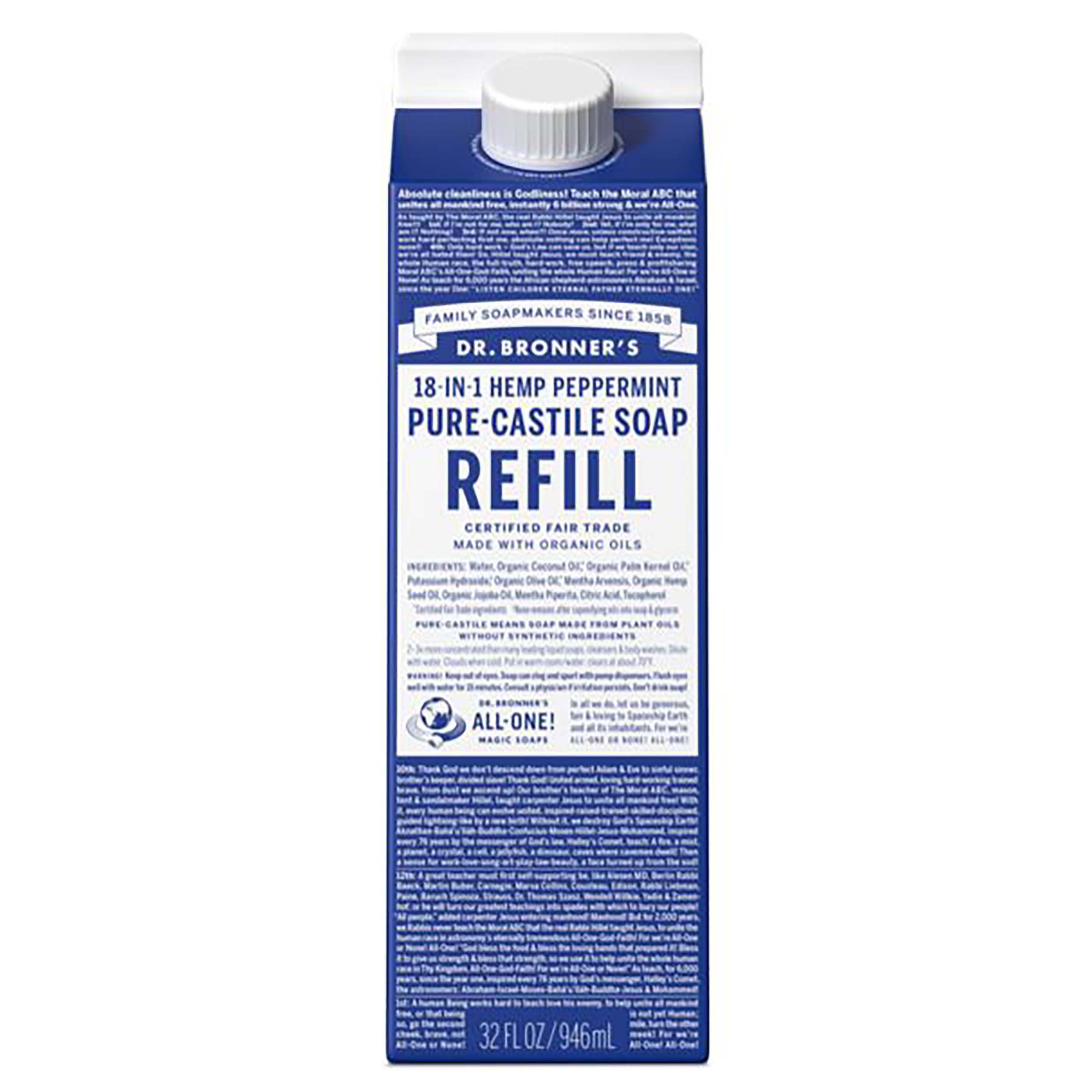 Dr. Bronner's 18In1 PureCastile Soap Refill Carton Hemp Peppermint