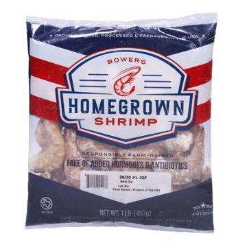 Bowers Homegrown Frozen Shell-On Extra Large White Raw Shrimp, 26-30ct/lb, 16 oz