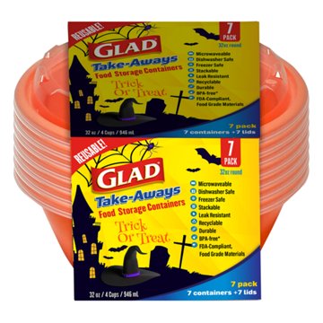 Glad Take-Aways Round Pumpkin Halloween Food Storage Containers, 7 Pk, 32 oz