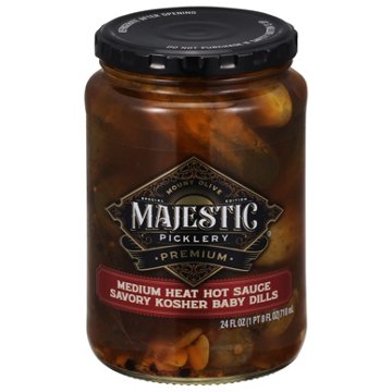 Mount Olive Majestic Picklery Premium Medium Heat Hot Sauce Savory Kosher Baby Dills, 24 oz