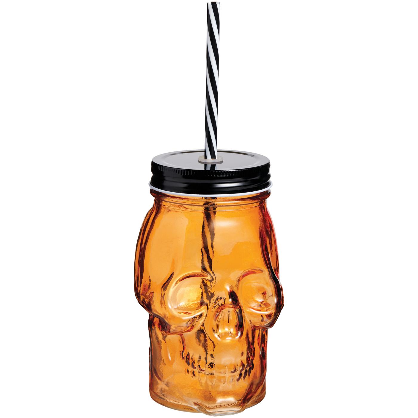 Destination Holiday Halloween Skull Glass with Straw - Orange; image 1 of 2