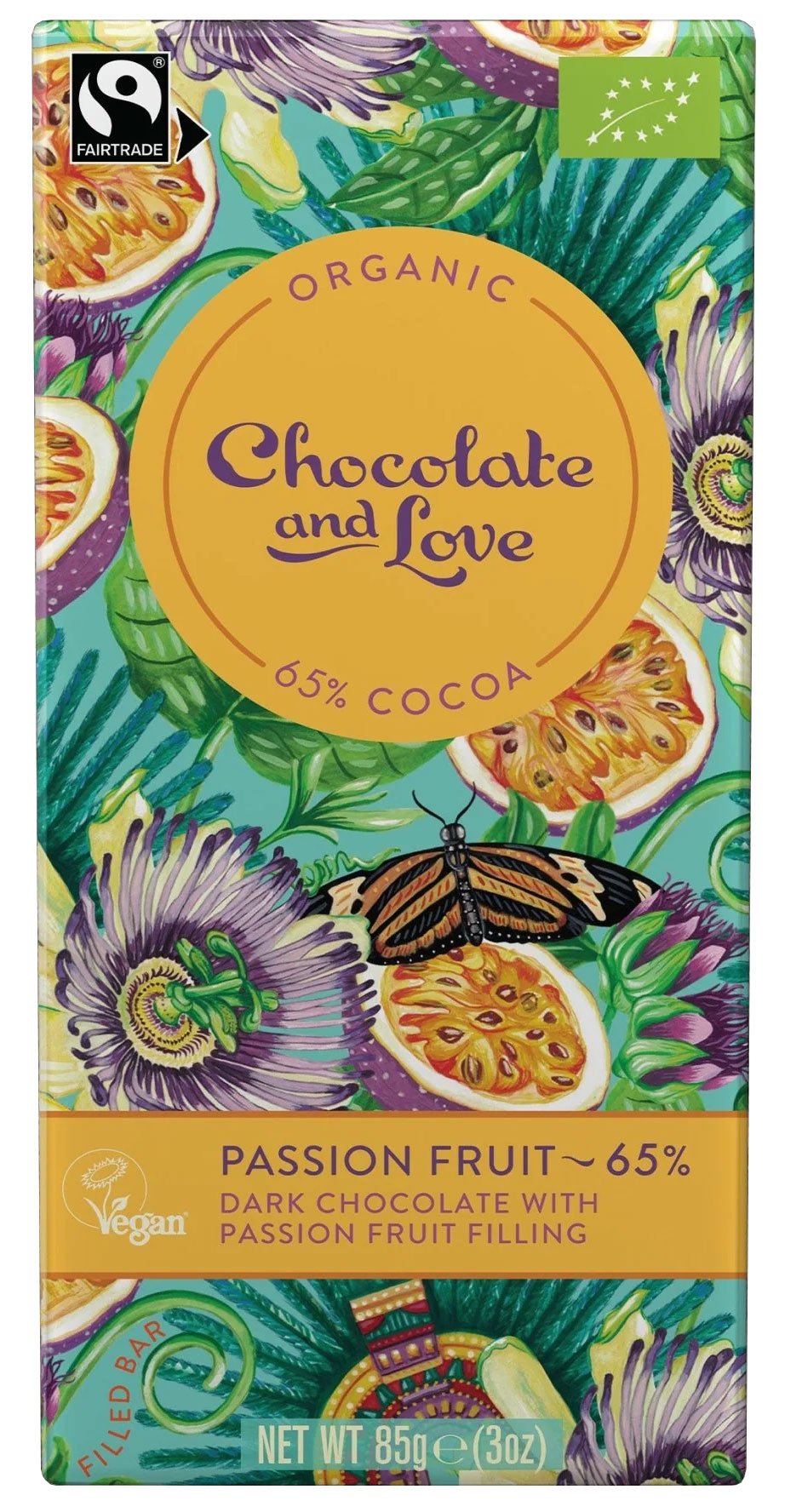 Chocolate and Love Passion Fruit 65% Dark Chocolate Bar, 85 g