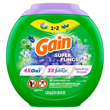 Gain Super Flings Laundry Detergent Pacs - Dewdrop Dream Scent, 32 ct