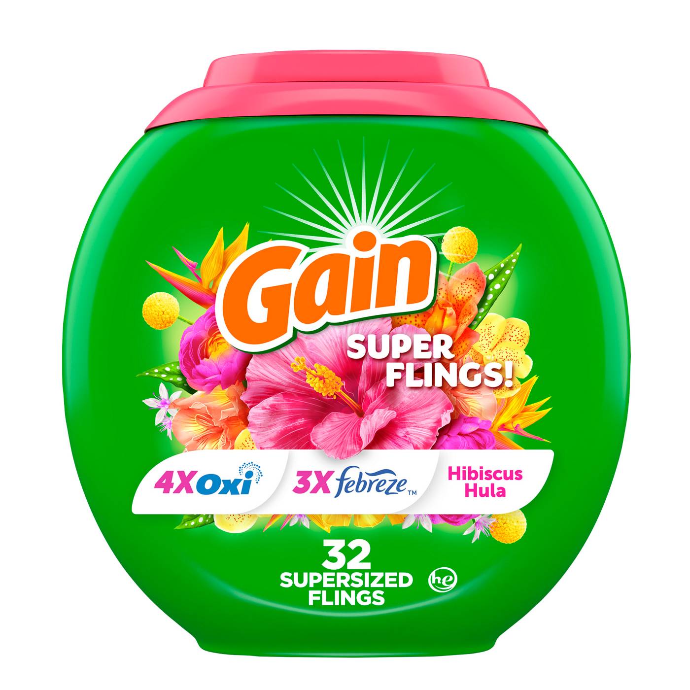 Gain Super Sized Flings! Happy Hibiscus Hula Laundry Detergent Pacs; image 1 of 10