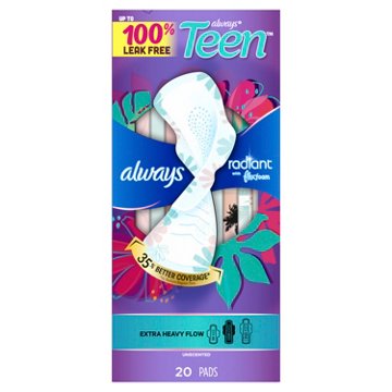 Always Radiant Teen Pads, Size 3, Extra Heavy, with Wings, Unscented, 20 CT
