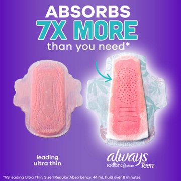 Always Radiant Teen Pads, Size 3, Extra Heavy, with Wings, Unscented, 20 CT