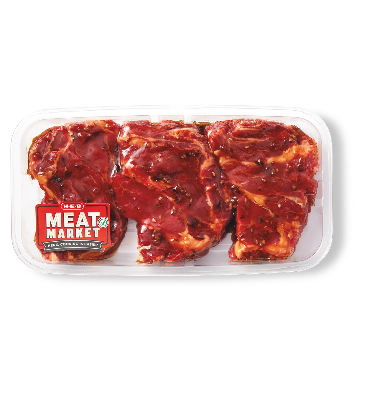 H-E-B Meat Market Marinated Boneless Beef Chuck Eye Steaks – Korean BBQ; image 1 of 3