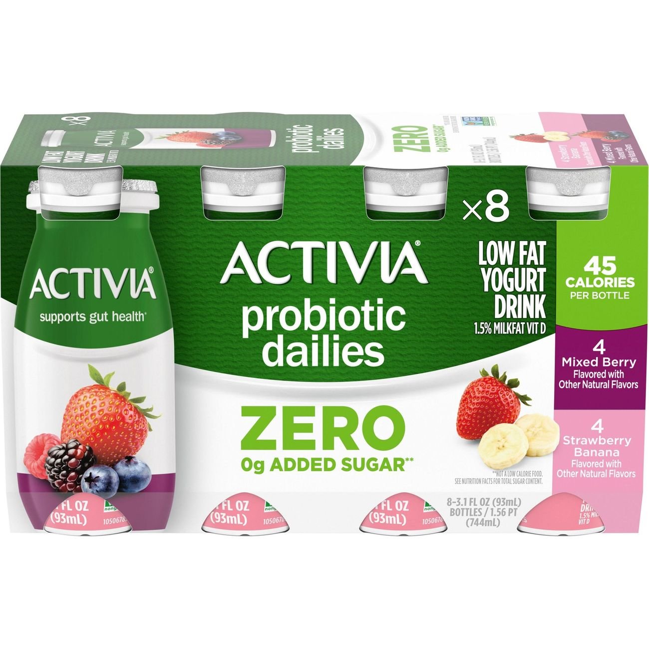 Activia Probiotic Dailies Zero Added Sugar 8 pk Bottles - Strawberry ...