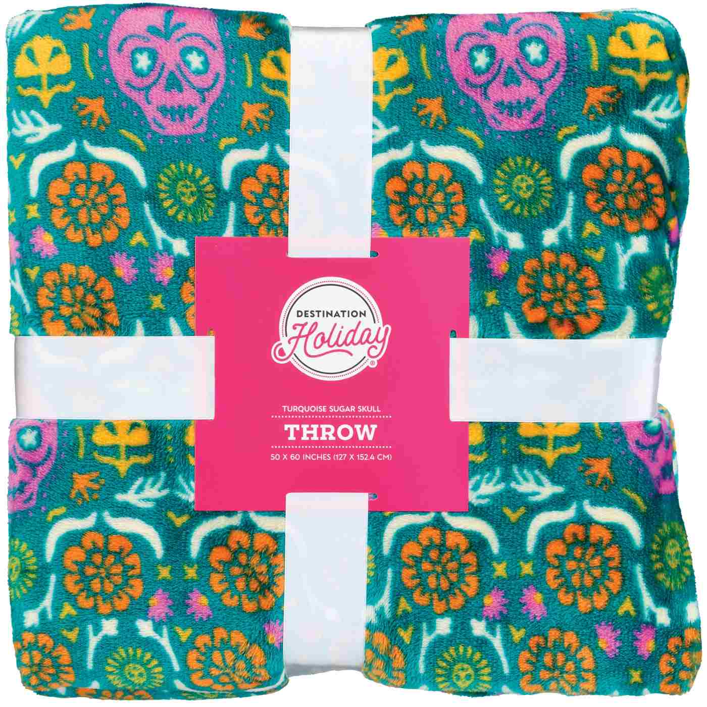 Destination Holiday Dia de los Muertos All Over Sugar Skull Throw Blanket - Turquoise; image 1 of 2