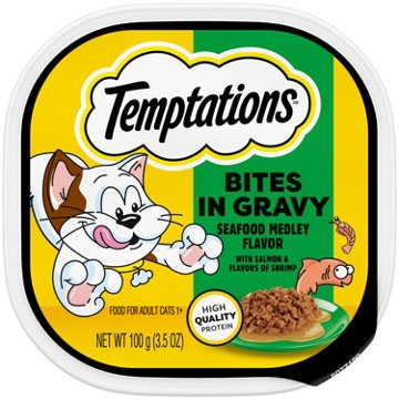Temptations Wet Cat Food Seafood Medley Flavor Bites in Gravy Tray