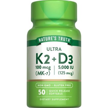 Nature's Truth Ultra K2 100 mcg + D3 125 mcg Quick Release Softgels, 50