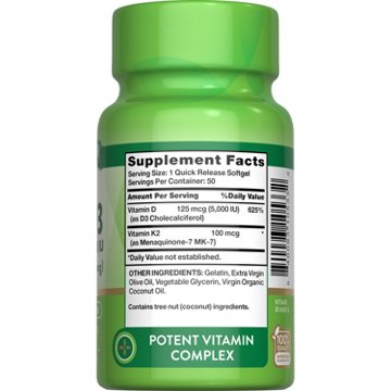 Nature's Truth Ultra K2 100 mcg + D3 125 mcg Quick Release Softgels, 50